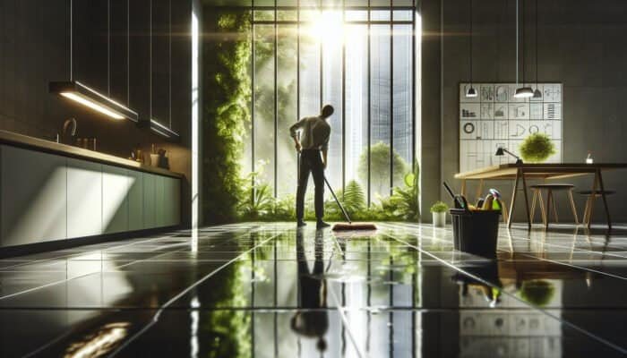 Individual in West Dunbartonshire cleaning slate floors using eco-friendly products, with natural light and greenery visible.