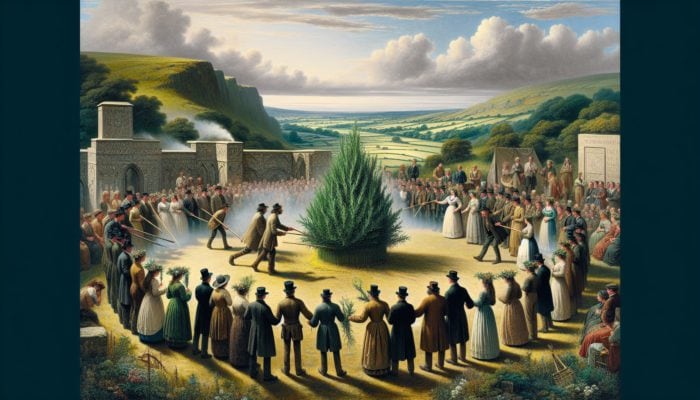 Illustration of ancient British ceremonies with rosemary, symbolising remembrance and fidelity, used in weddings and funerals.