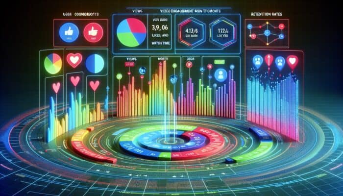 A digital dashboard showcasing graphs of video engagement metrics by user sign-up month, focusing on retention rates.