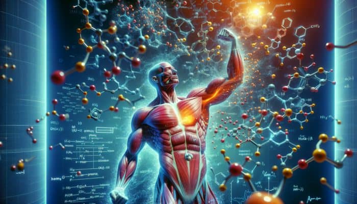 Illustration of essential amino acids entering muscle fibres, activating mTOR pathway, and promoting muscle protein synthesis.
