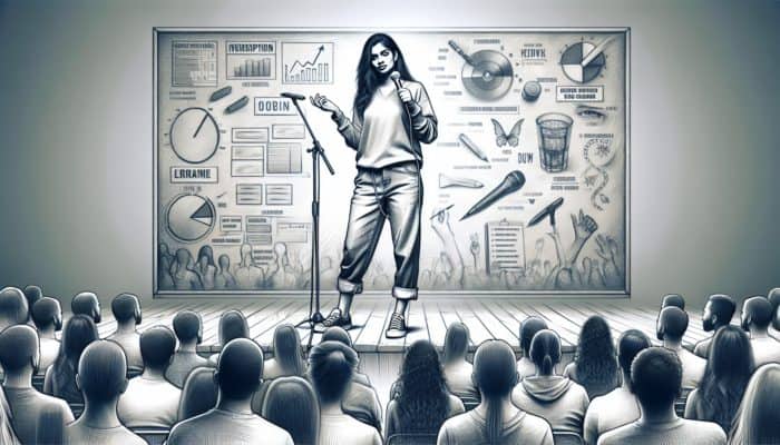 A comedian on stage, blending authenticity with polished humour, engaging the audience with unique, stylish cuts.