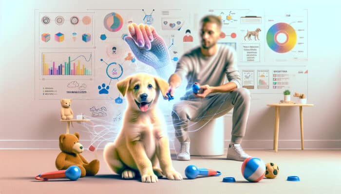 A playful puppy with various toys and training tools in a brightly lit room, being guided by a trainer.