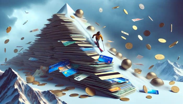 Person skiing down a mountain of credit cards with an avalanche of coins and bills, symbolising the avalanche method in the UK.
