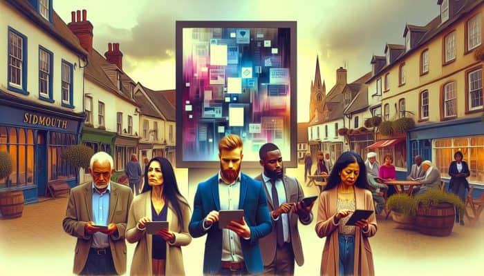 A digital billboard in Sidmouth's town square displaying e-commerce marketing strategies, surrounded by engaged small business owners.