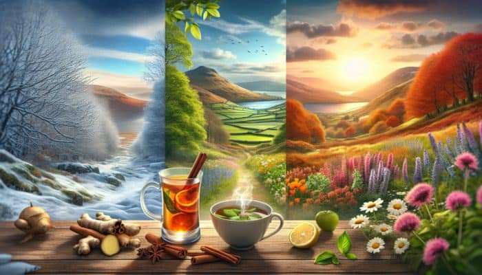Australian landscape showcasing seasonal changes, featuring steaming cups of ginger, cinnamon, lemon balm, and chamomile infusions.