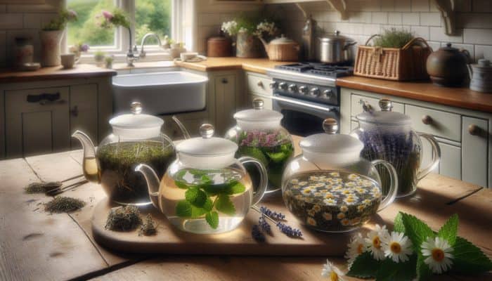 Various herbs steeping in glass teapots in an Australian kitchen: chamomile, mint, lavender, nettle, and elderflower.