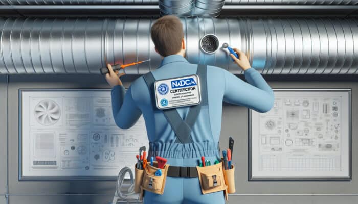 Certified duct cleaning technician in blue uniform using specialised tools, proudly displaying NADCA certification badge.