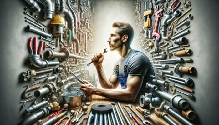 A plumber assessing a checklist in a tidy workshop to determine the most suitable drain service provider.