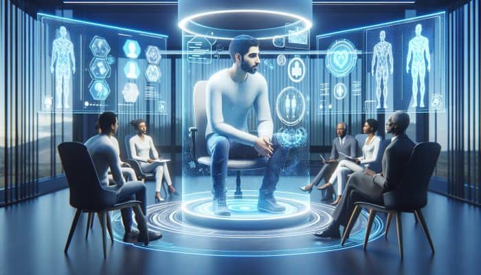 A modern telehealth room featuring a male patient and a diverse panel of experts discussing men's wellness via hologram.