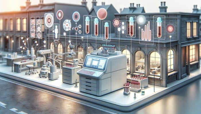 Modern lab in Farnworth equipped with automated analysers processing samples, displaying rapid results on screens.
