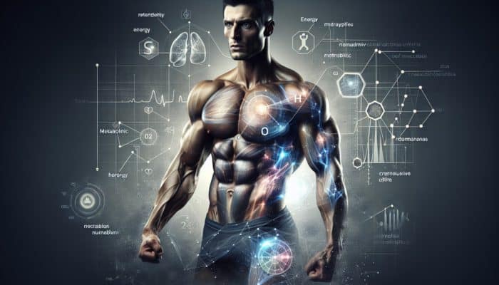 A muscular athlete with enhanced muscle volume and hydration, showing increased energy and rapid recovery, with scientific diagrams of creatine's effects.