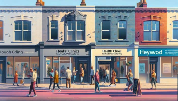 A bustling street in Heywood featuring signs for clinics offering food intolerance testing, with people coming and going.