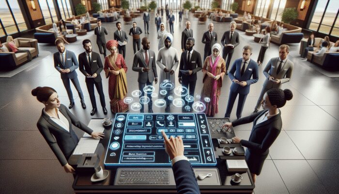 Hotel staff engaging with diverse guests in a luxurious lobby, utilising advanced booking software and participating in role-playing for enhanced service.