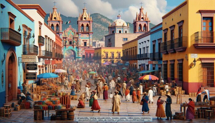 Colorful colonial architecture and bustling markets in San Miguel de Allende with cultural activities.