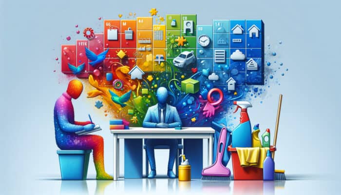 A person organizing a cleaning schedule on a colourful calendar, with cleaning supplies and a clean home.