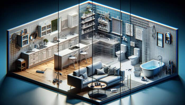 A clean kitchen, bathroom, and living room in a well-organised rental, focusing on prioritised cleaning areas.