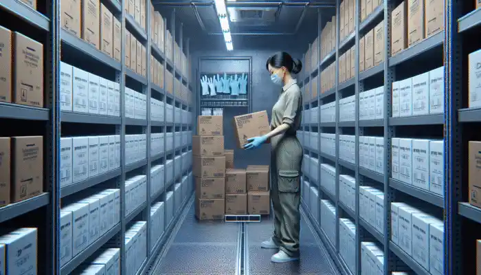 A worker inspecting unopened boxes of nitrile gloves in a cool, dry, organized storage room.