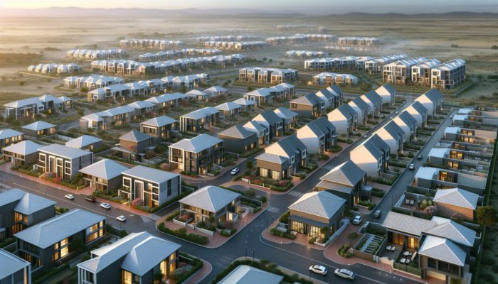 Aerial view of Krugersdorp's modern townhouses, cluster homes, and new residential estates with essential amenities.