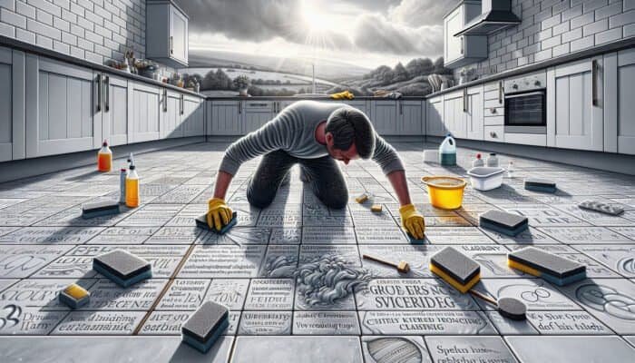 Person cleaning grout haze from kitchen tiles in West Dunbartonshire, achieving a sparkling clean result.