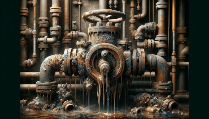 A corroded water valve leaking with rust, sediment, and discolored water, handle stuck, near plumbing fixtures.