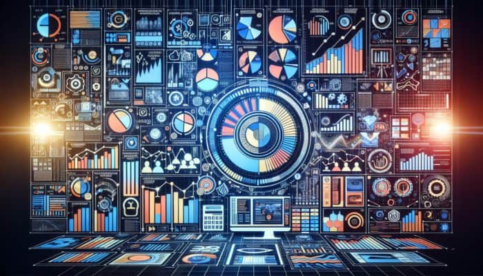 Digital dashboard showing performance marketing metrics like CPM, ROI, and conversion rates with online platforms and data streams.