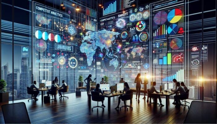 Analysts in a modern office comparing digital maps, social media, and SWOT charts for location-specific content strategies.