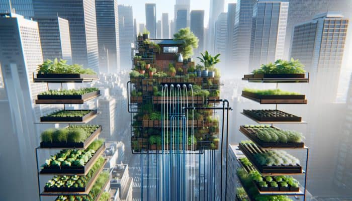 A vibrant urban rooftop garden with vertical planters, raised beds, and a drip irrigation system.