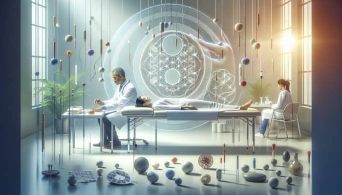 A serene NHS clinic offering acupuncture integrated with fertility treatments, symbolizing holistic care.