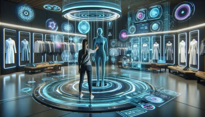 A cutting-edge AR room featuring holographic displays and clothing items for virtual try-ons.