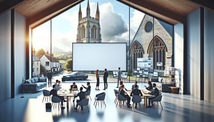 Contemporary WordPress design studio in Glastonbury, showcasing professionals collaborating around a large screen amidst a backdrop of historic architecture.