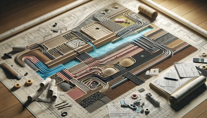 Blueprint of a perimeter drainage system highlighting components such as pipes, gravel, and fabric layers.