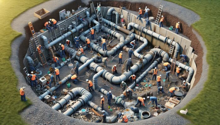 Workers maintaining a perimeter drainage system, clearing debris, checking pipes and gravel, ensuring sump pump and downspout functionality.