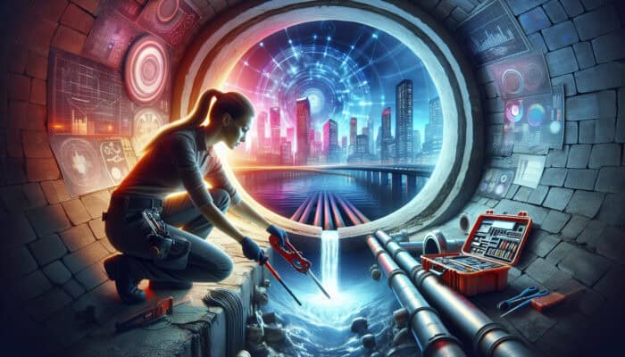 A skilled plumber working in a neon-lit sewer tunnel in Port Moody, diligently repairing a pipe with advanced tools while a city skyline is visible in the background.