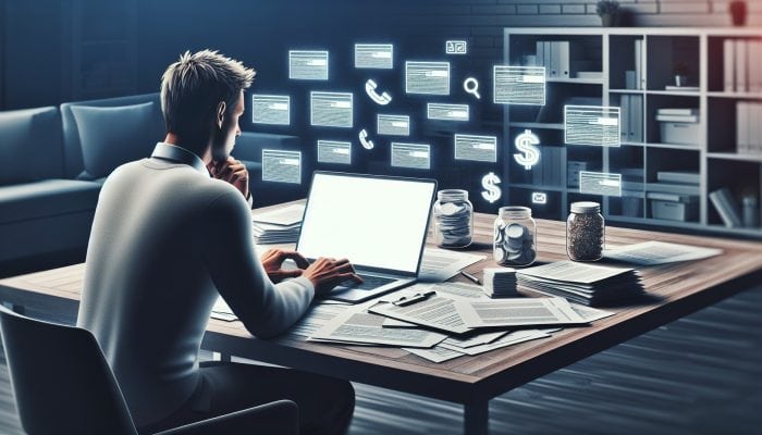 A person reviewing credit report on laptop, surrounded by financial documents and lender list in home office.