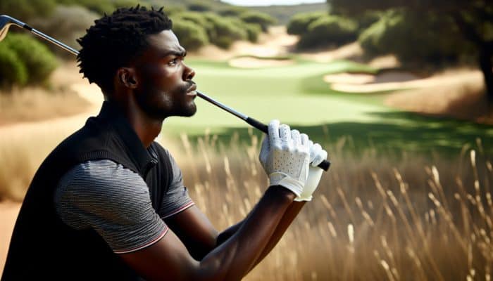 A South African golfer visualising shots on a challenging course to enhance focus and lower score.