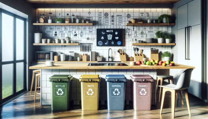 Modern UK kitchen equipped with colour-coded bins, a compost bin, shredder, smart bins, and a waste sorting app displayed on a tablet.
