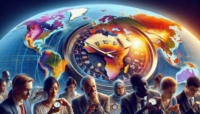 World map showing time zones with clocks changing for Daylight Saving Time, confused travelers checking watches.