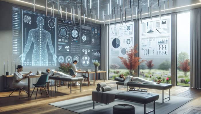 A tranquil clinic room in the UK where patients receive acupuncture, surrounded by modern technology and natural elements, symbolising holistic health and well-being.