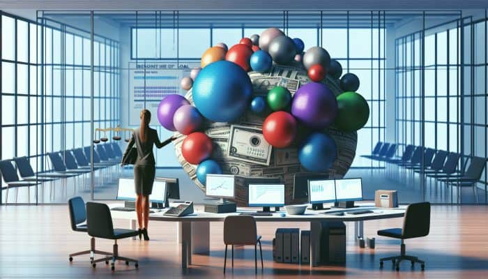 Infographic on UK debt consolidation featuring charts, a person managing debts, and a unified loan in a modern office.