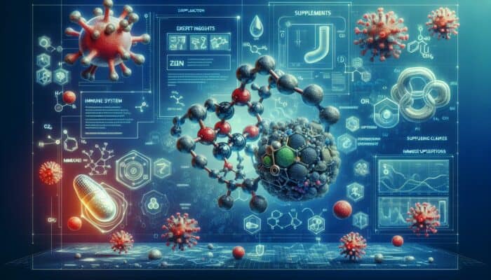 Infographic showing zinc supplements' impact on immune function with expert insights and scientific visuals.