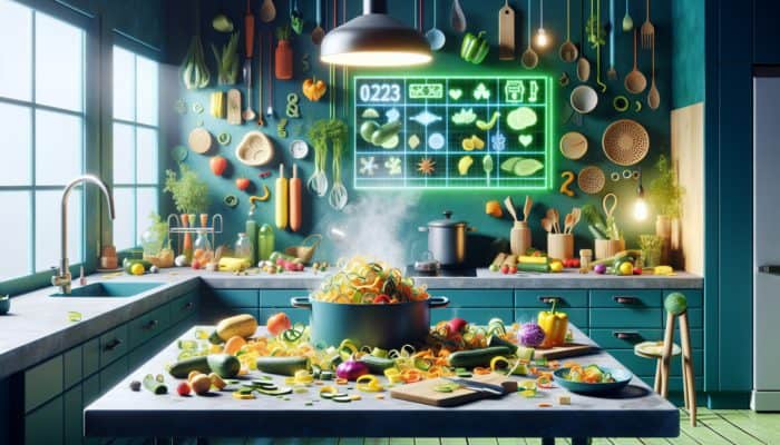 A colorful kitchen scene showing vegetable peels transformed into nutritious stock, highlighting eco-friendly upcycling.