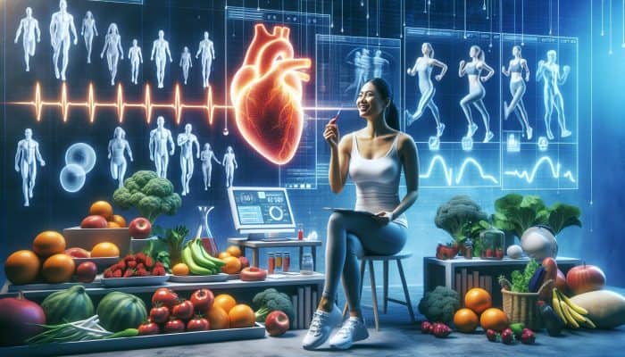 A smiling diverse person undergoes cholesterol testing in a modern clinic, surrounded by fresh produce, joggers, and a glowing heart symbol.