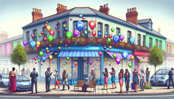 In Bridgwater, UK, a small business storefront ascends a glowing digital ladder, surrounded by floating keywords and locals on smartphones.