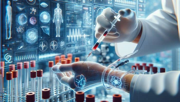 A healthcare professional in a lab coat draws blood from an arm, surrounded by test tubes, charts, and a ferritin level screen.