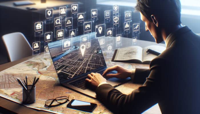 Individual browsing UK rental listings on a laptop, surrounded by maps and notes, highlighting urban and suburban properties.