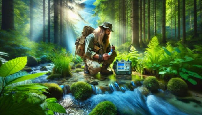 A rugged explorer kneels by a clear mountain stream in a lush forest, testing water with a kit amid sunlight and wildflowers.