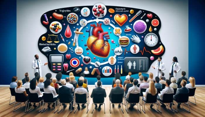 Illustration of triglycerides and cholesterol molecules with diverse people in a UK clinic learning about obesity risks and metabolic syndrome symbols.