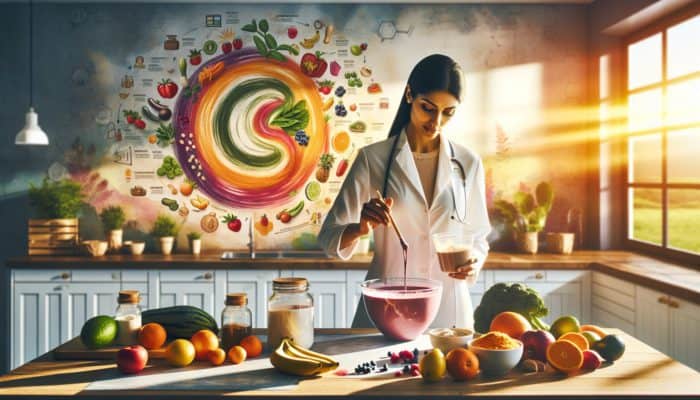 Nutritionist preparing a vibrant smoothie bowl with protein powder in a sunlit kitchen, surrounded by nutritious ingredients.
