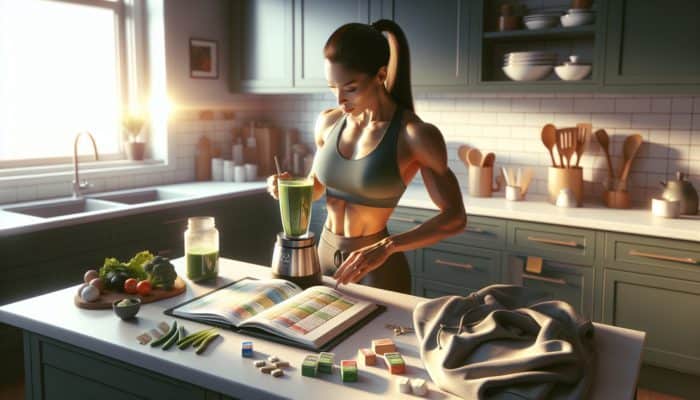 A fit woman blending a green protein smoothie in a vibrant kitchen at dawn, with workout gear and an open food diary nearby.