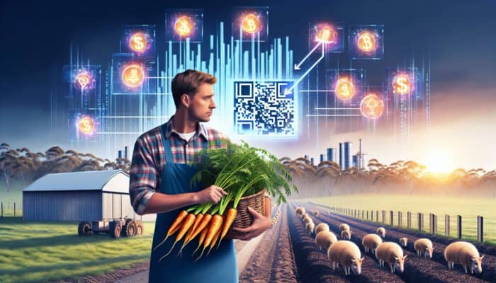 Farmer harvesting organic carrots on a dawn-lit Tasmanian farm, with a glowing QR code and floating holographic blockchain ledgers.